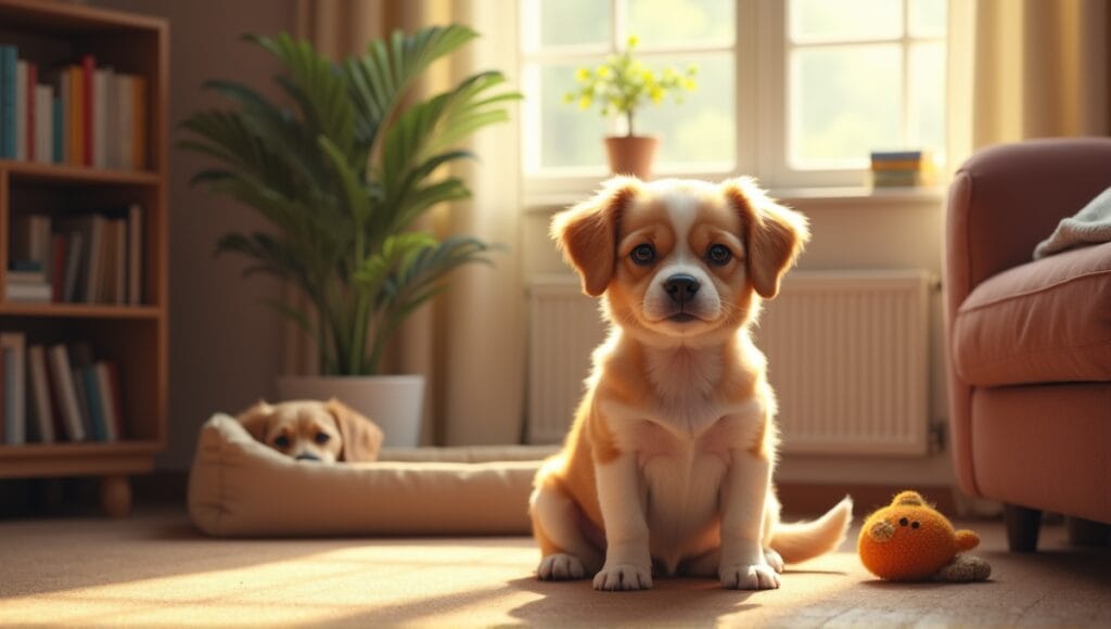 Small, low-maintenance dog sitting calmly in a cozy living room with pet care items.