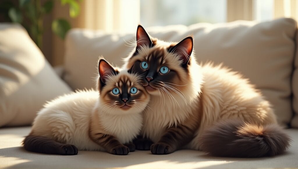 Ragdoll, Maine Coon, and Siamese cats relaxing together in a cozy living room.