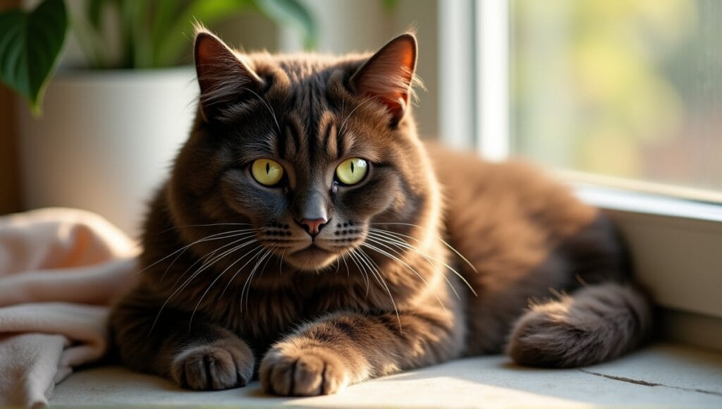 Havana Brown cat with chocolate fur and green eyes lounging on a sunny windowsill.