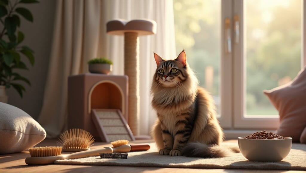 Long-haired cat on a stylish tree, surrounded by grooming tools and premium cat food.