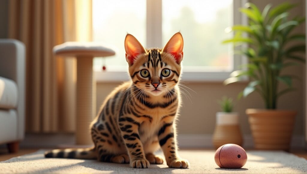 Bengal cat with spotted coat playing in a cozy living room with toys.