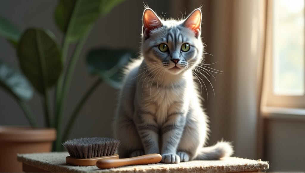 Korat cat sitting elegantly with grooming tools, showcasing sleek fur and striking green eyes.