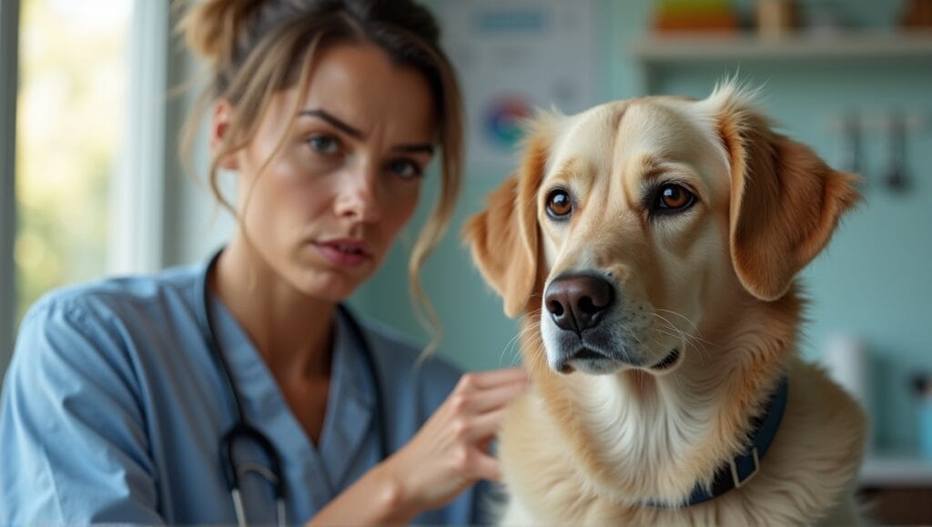 Concerned veterinarian examining a purebred dog showing signs of health issues in a clinic.