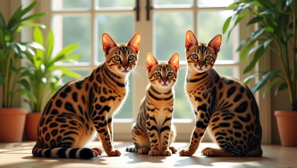 Bengal, Savannah, Chausie, Safari, and Caracat cats in a sunlit living room.