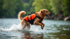 A golden retriever in a life vest leaps into a splashing river.