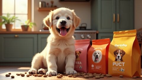 Playful large breed puppy sitting beside colorful bags of high-quality puppy food.