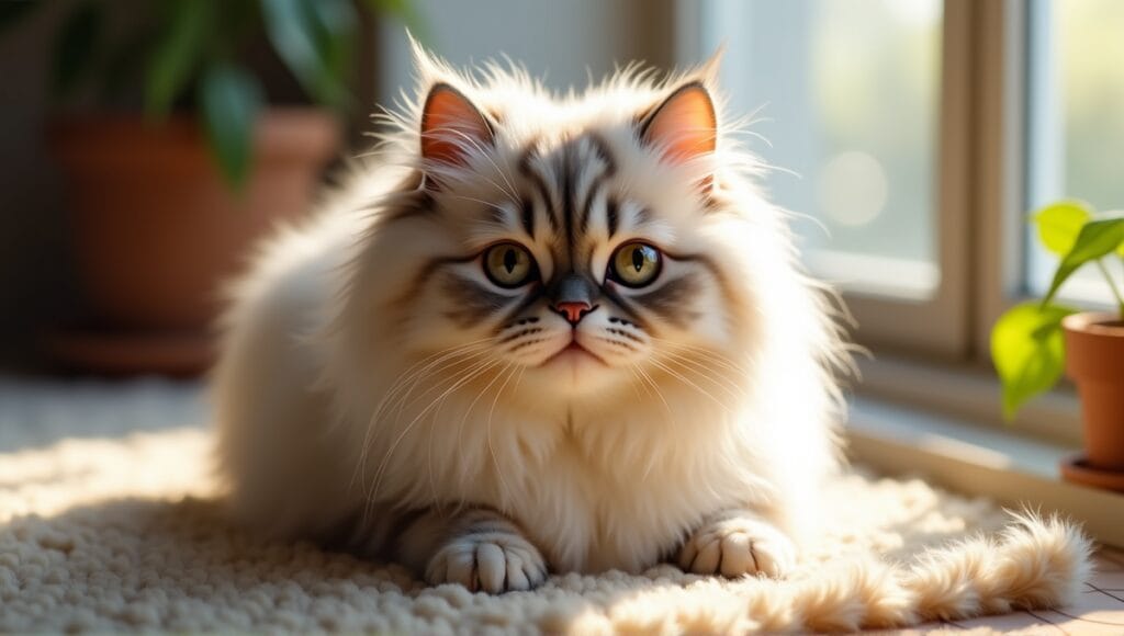 Fluffy Persian cat with round face and large eyes in a cozy indoor setting.