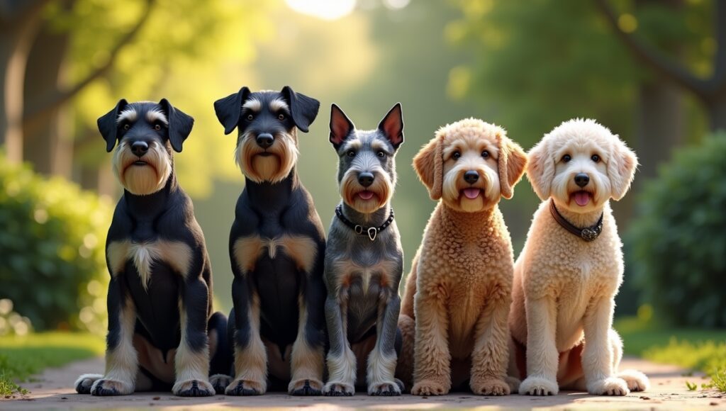 Group of clean, low-shedding guard dogs in a serene outdoor setting.