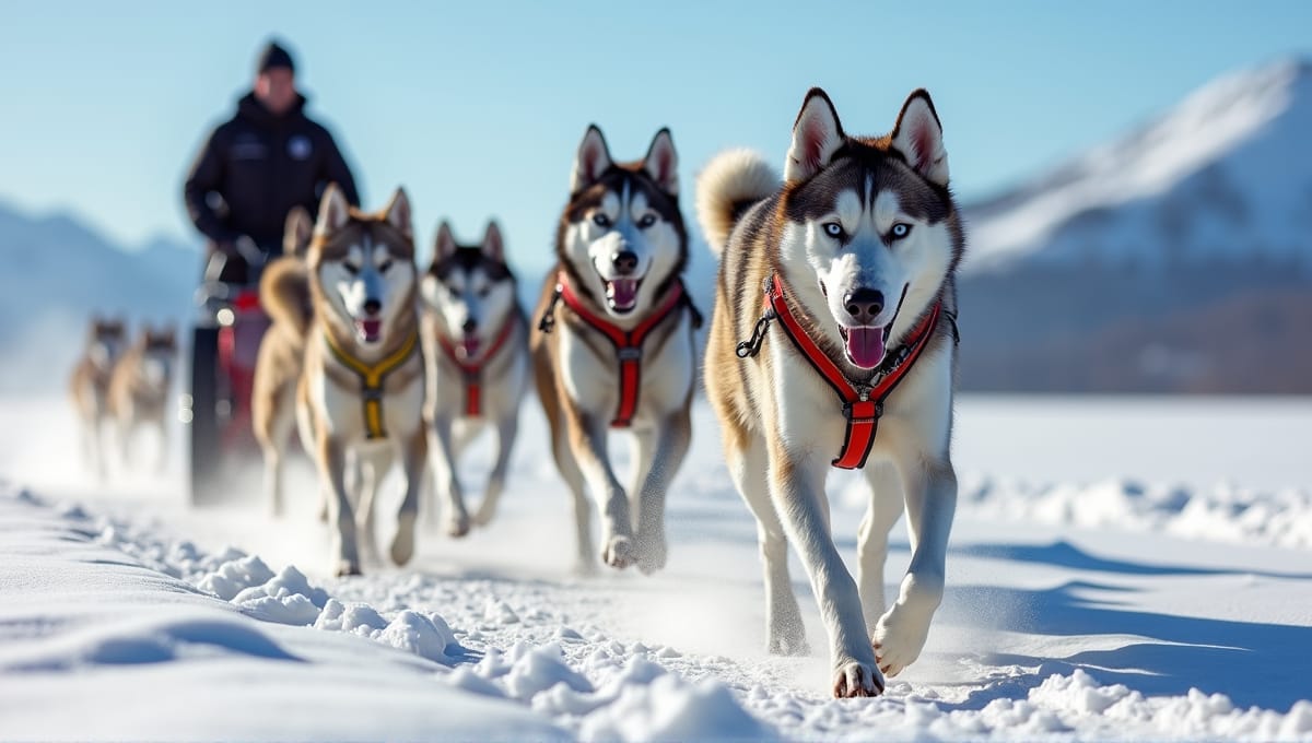 Energetic sled dogs in colorful harnesses pulling a sled through snowy landscape.