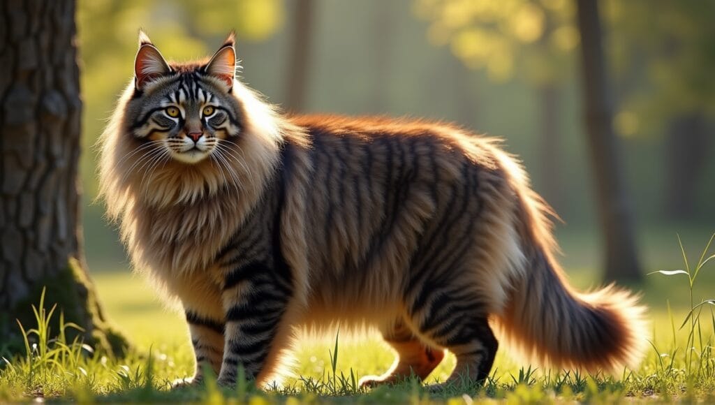 Norwegian Forest Cat with tufted ears, bushy tail, and thick coat in natural setting.