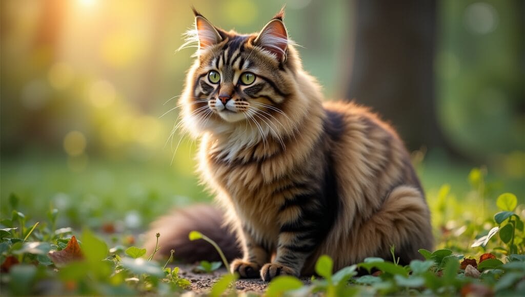 Norwegian Forest Cat with majestic fur and expressive eyes in a natural outdoor setting.