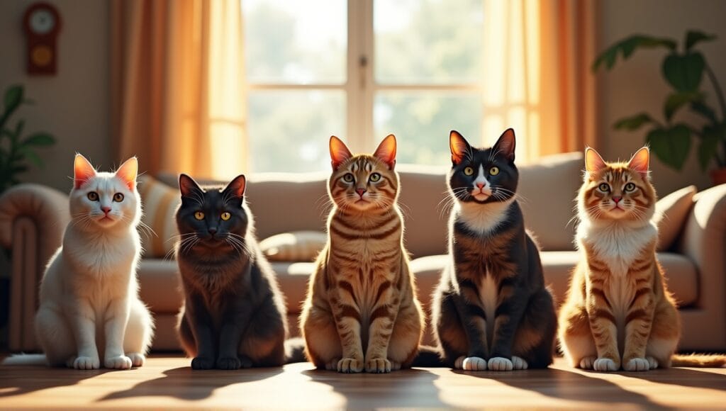 Five largest domestic cat breeds in dynamic poses within a cozy living room setting.