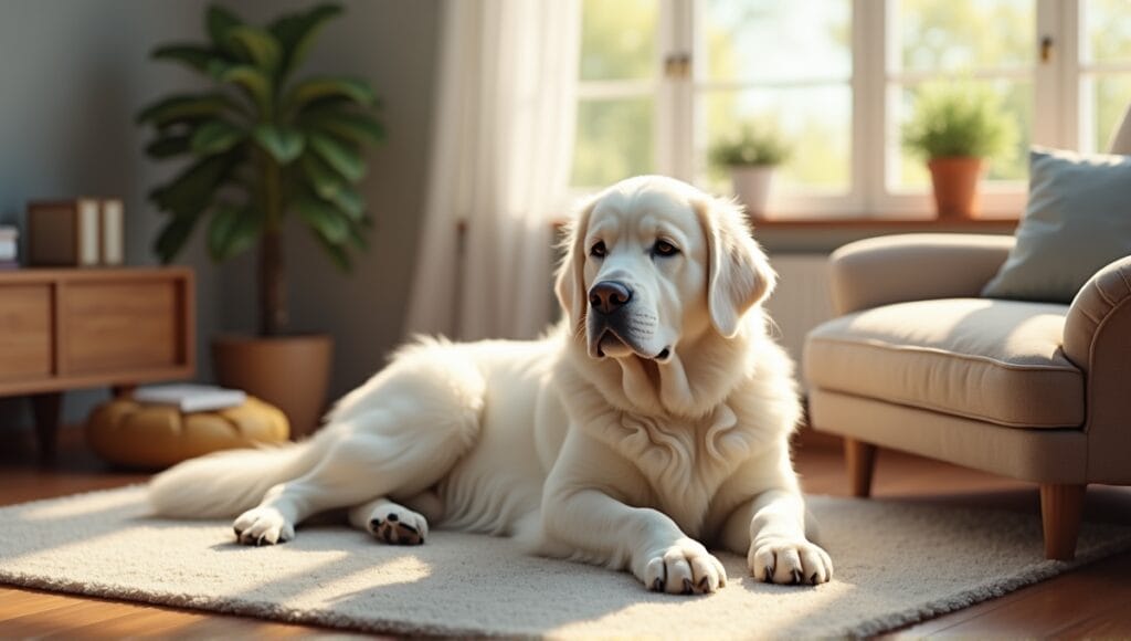 Great Pyrenees dog with fluffy coat in a cozy living room, surrounded by pet supplies.