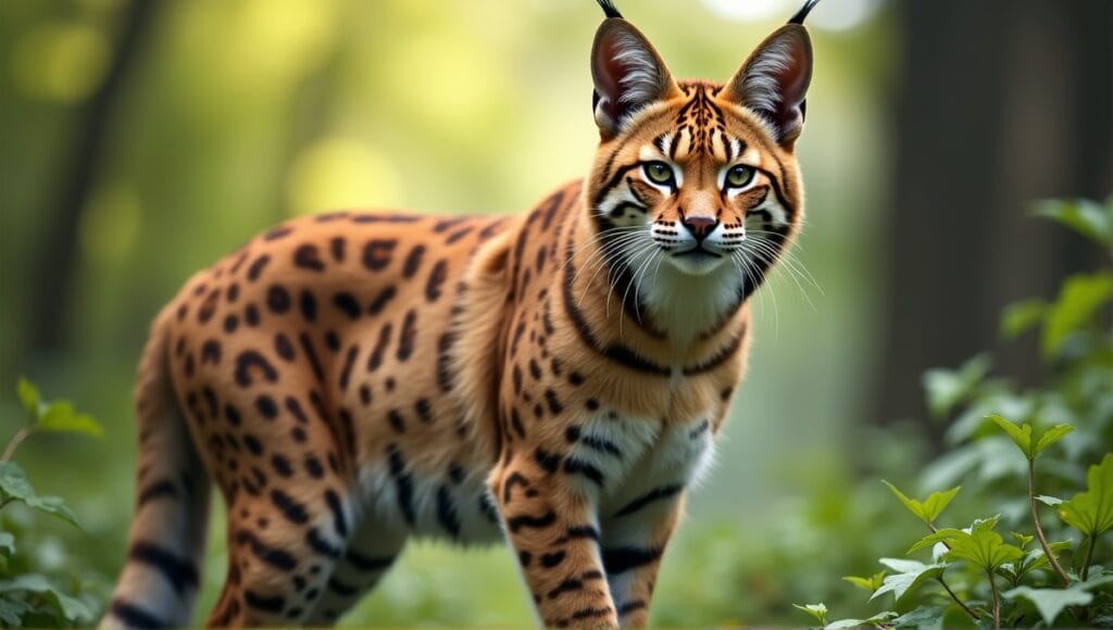 Bobcat hybrid in natural setting, showcasing unique coloration and muscular build among greenery.