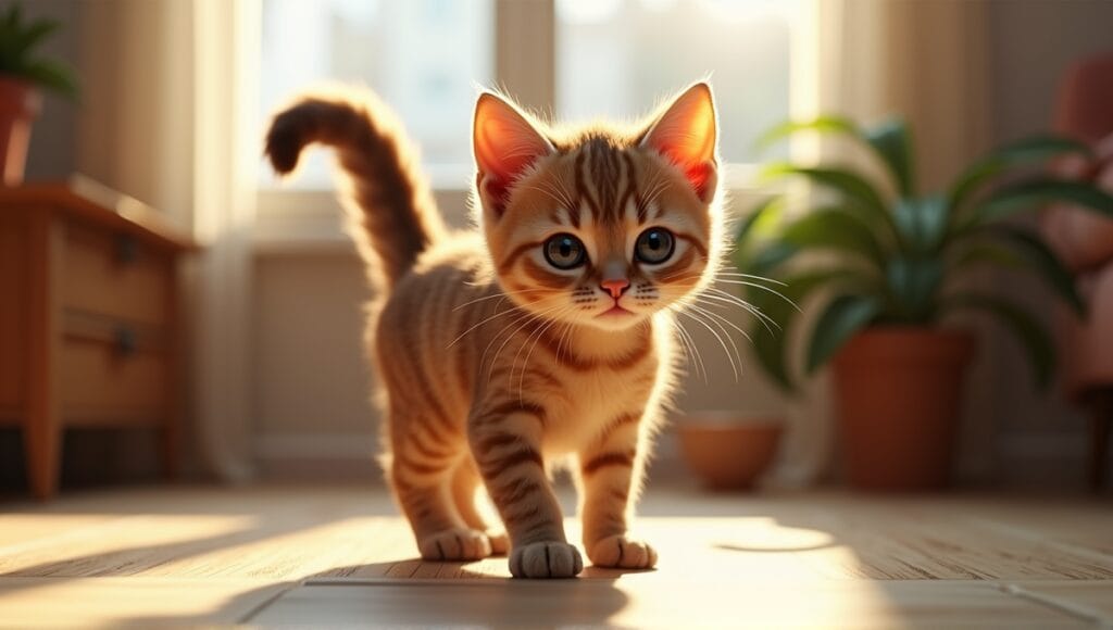 Pixie Bob cat with tufted ears and bobbed tail in a cozy living room.