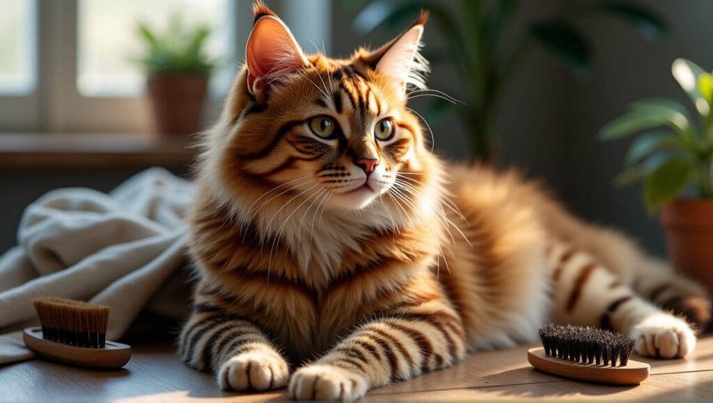 Exotic cat with luxurious fur and grooming tools in a cozy indoor setting.