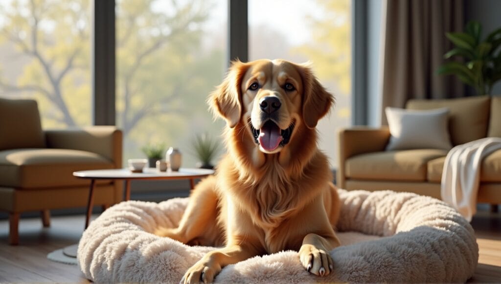 Friendly golden retriever resting in a modern apartment with cozy furnishings and dog items.