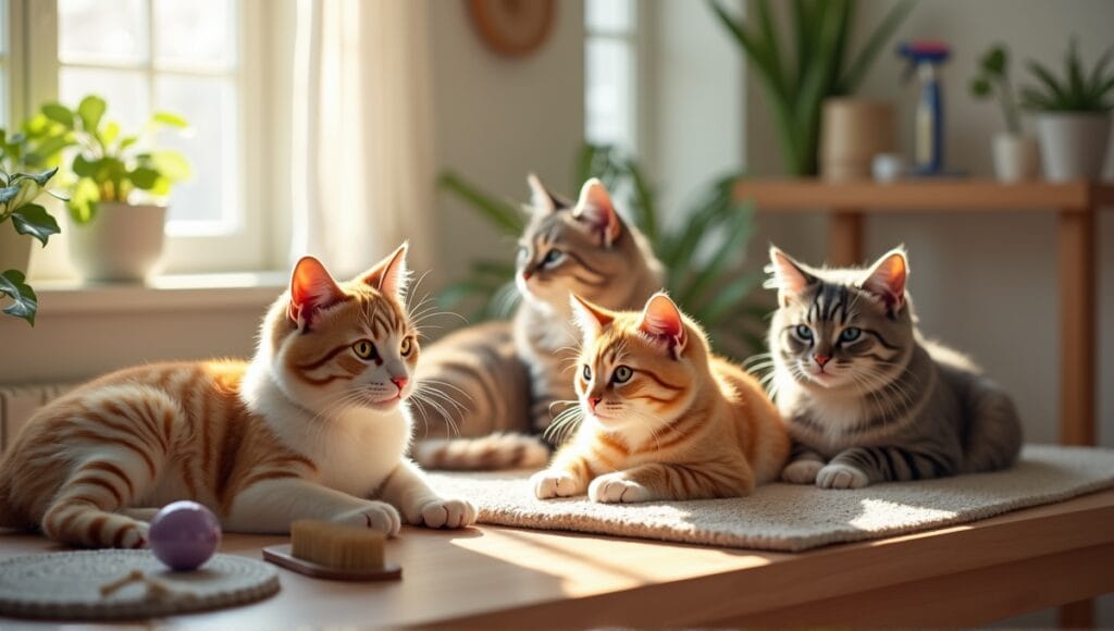 Low-maintenance cat breeds lounging in a serene indoor setting with a grooming station.