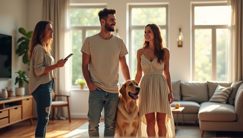 Cheerful couple exploring a pet-friendly apartment with a large dog and agent.