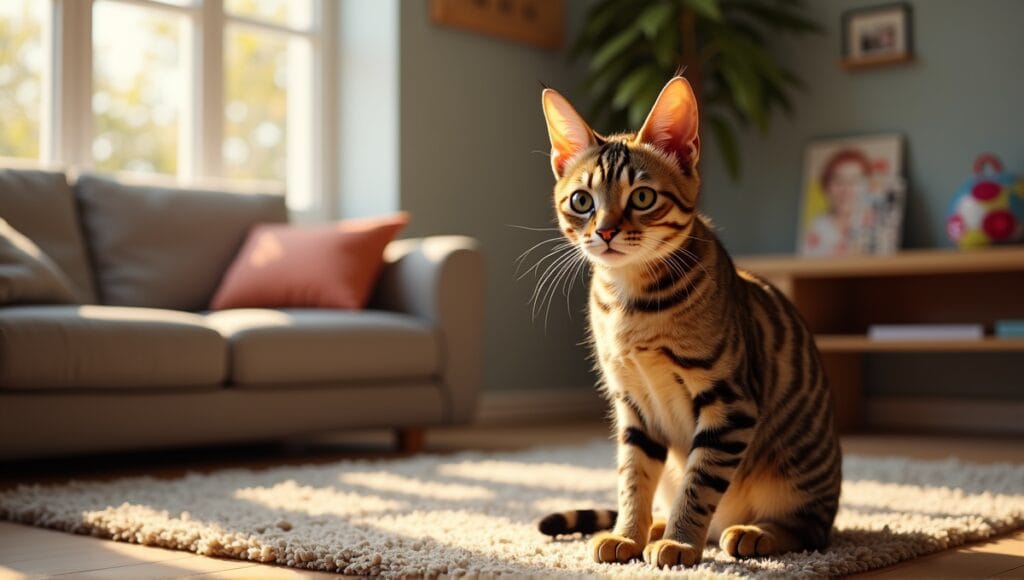 Toyger cat with tiger-like pattern sitting on plush rug in cozy living room.