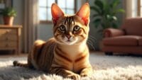 Portrait of a caracal cat with tufted ears and amber eyes in a living room.