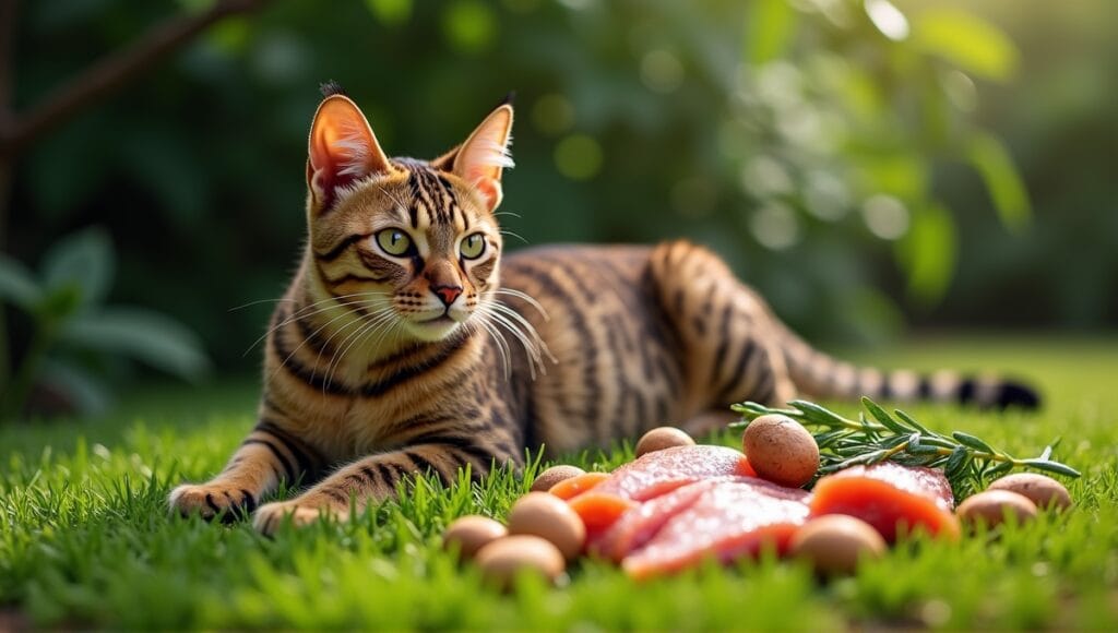 Majestic exotic cat with a sleek patterned coat, surrounded by fish and nuts.