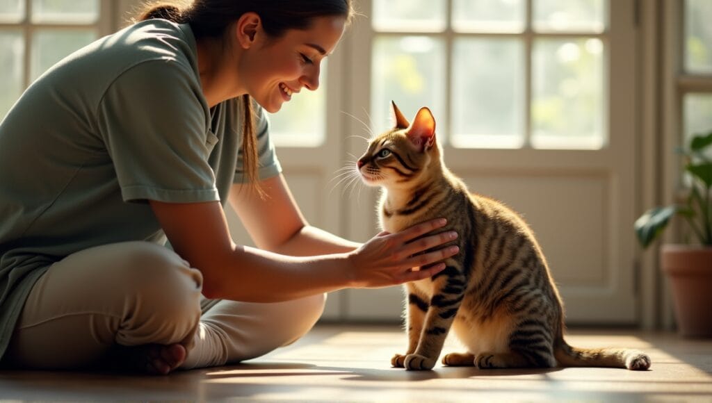 Person gently interacting with an exotic cat, demonstrating proper handling techniques in a sunlit room.