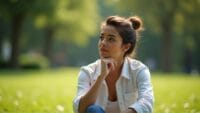 Person deep in thought in a sunlit park, wearing a white shirt and jeans.