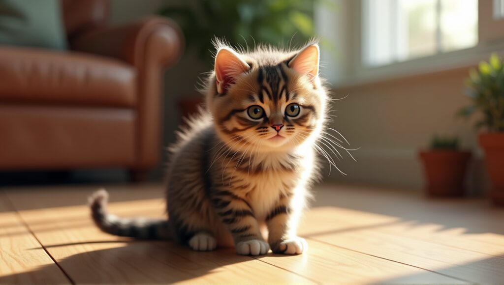 Munchkin cat with short legs and colorful coat sitting in a cozy living room.