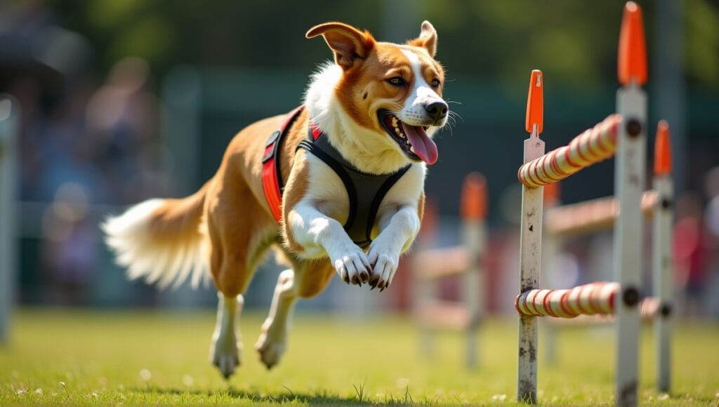 Large dog jumping over obstacles in an agility course, wearing a vibrant vest.