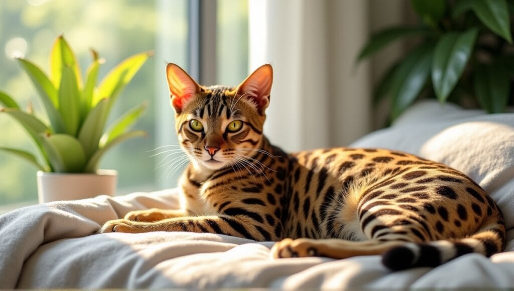 Serene Bengal cat resting in a sunlit room with cozy bed and green plants.