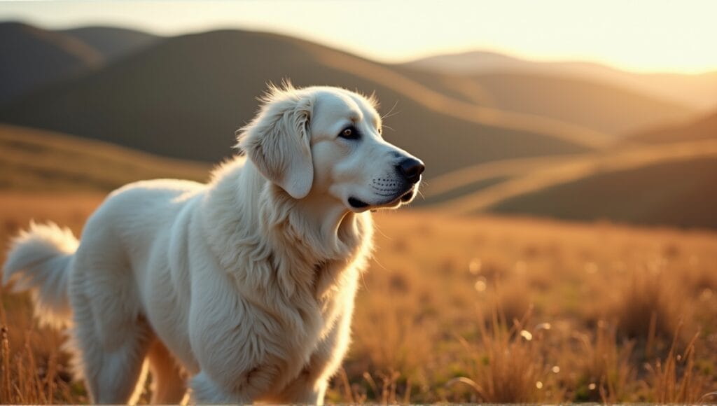 Great Pyrenees dog standing alert in pastoral setting with rolling hills and open fields.