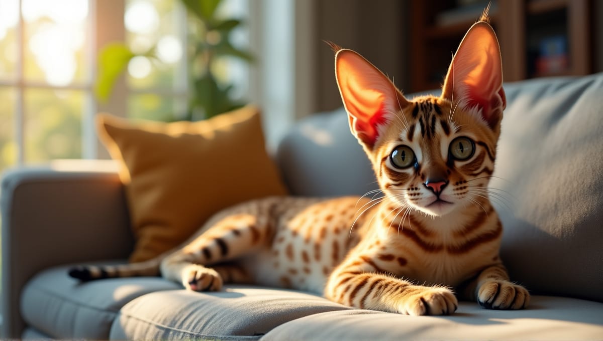 Serval cat with large ears lounging on a cozy sofa in a home.