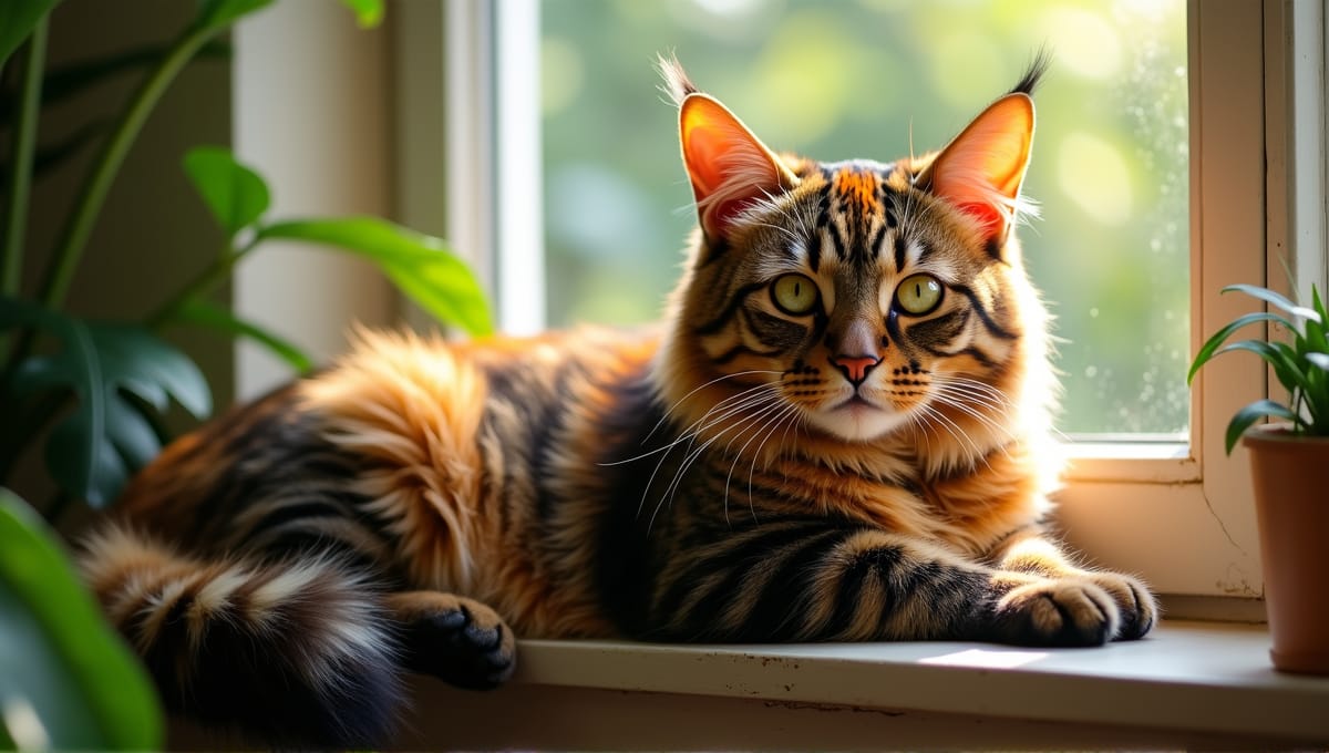 Exotic cat resting on a sunny windowsill, showcasing colorful fur and expressive eyes.