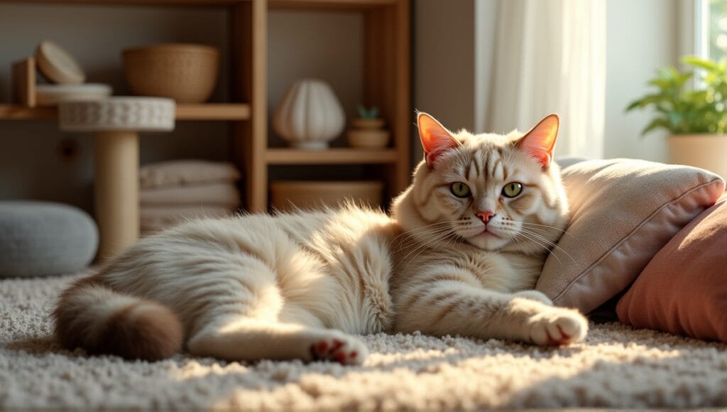 Large domestic cat lounging in a cozy living space with cat furniture and toys.