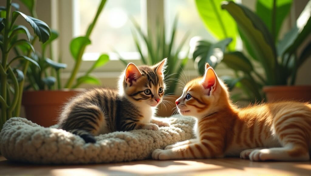 Playful kitten nestled among exotic plants, with an adult cat observing nearby.