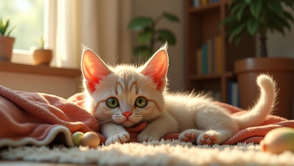 Playful Pixie Bob cat with tufted ears relaxing in a cozy living room.