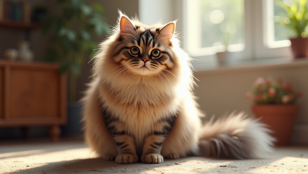 Persian cat with round face, short muzzle, large eyes, and luxurious coat in cozy setting.