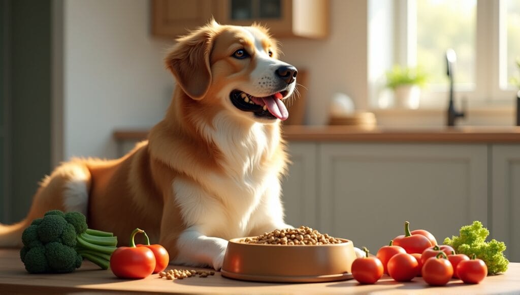 Large, friendly dog sitting beside a bowl of kibble and fresh vegetables in a kitchen.
