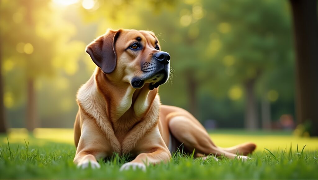 Large, strong dog sitting thoughtfully in a green park, showcasing expressive, healthy eyes.