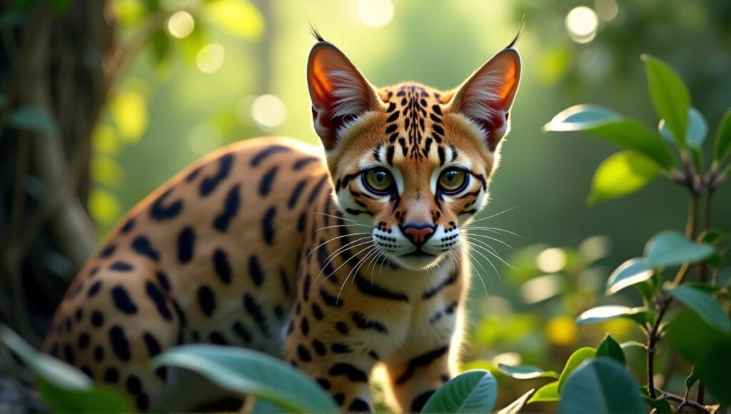 Ocelot resting in a lush jungle, showcasing its striking coat and captivating eyes.