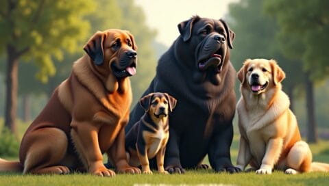 Various heavy dog breeds, including a Saint Bernard, Rottweiler, and Newfoundland, in nature.