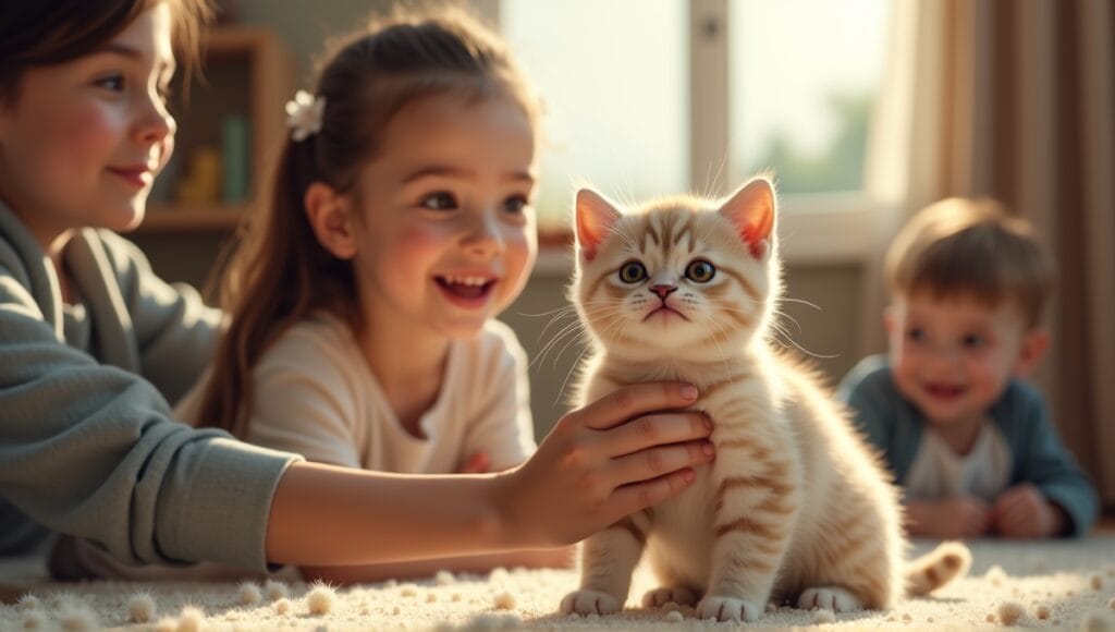 Playful munchkin cat with short legs, charming family interaction in a cozy living room.