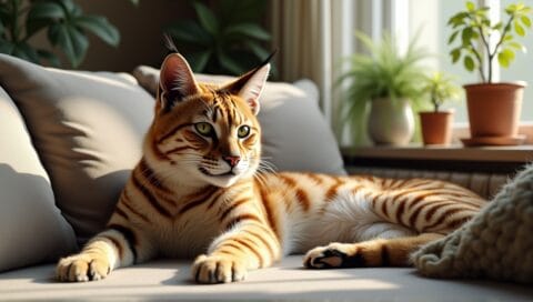 Bobcat hybrid lounging in a cozy living room with soft furnishings and plants.