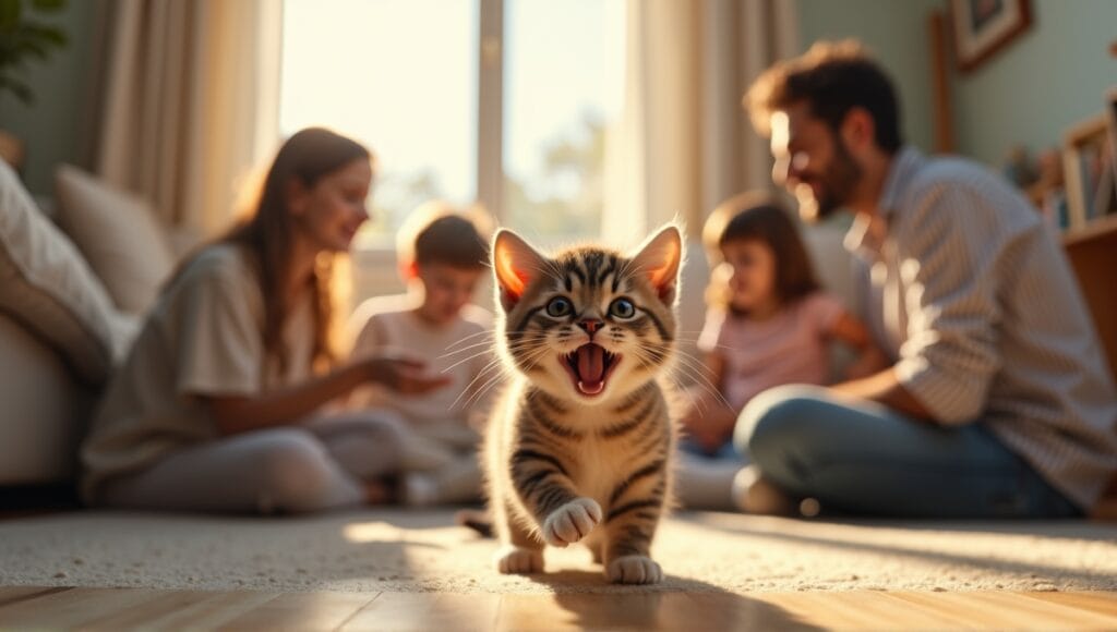 Playful Munchkin cat with short legs surrounded by a family in a cozy living room.