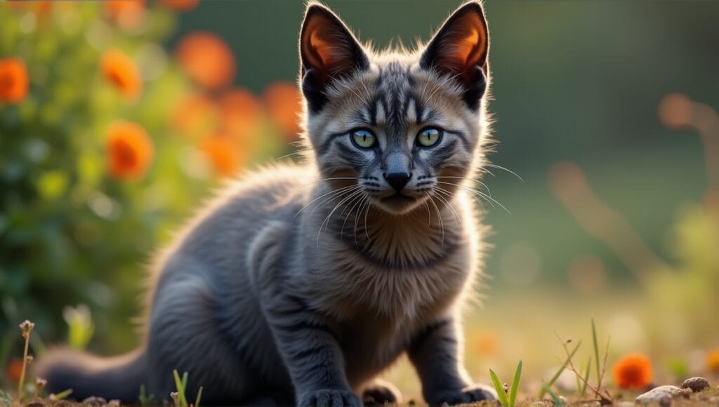 Lykoi cat with wolf-like coat, striking eyes, posed gracefully in a natural setting.