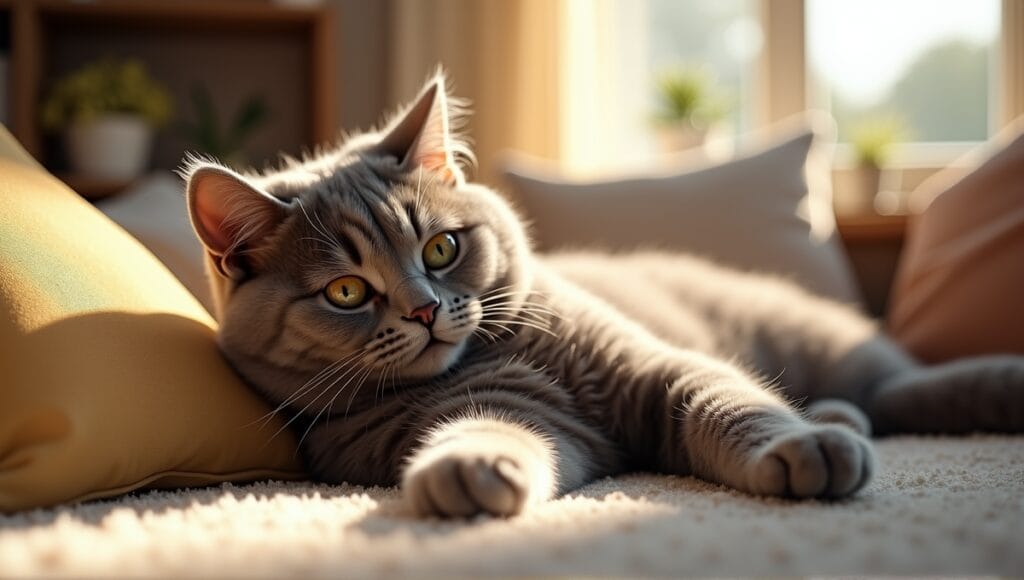 British Shorthair cat relaxing in a cozy living room, exuding calm and affection.