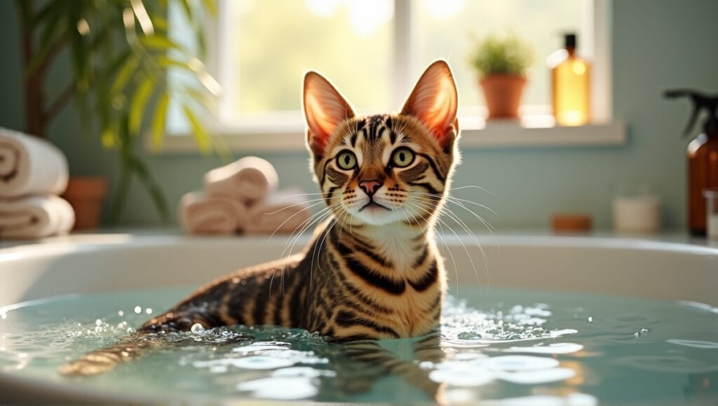 Exotic cat with vibrant fur patterns gently bathed in a serene bathroom setting.