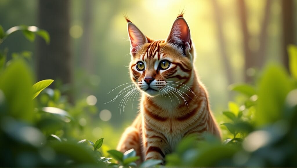 Exotic cat with unique markings in a vibrant green environment, showcasing healthy features.