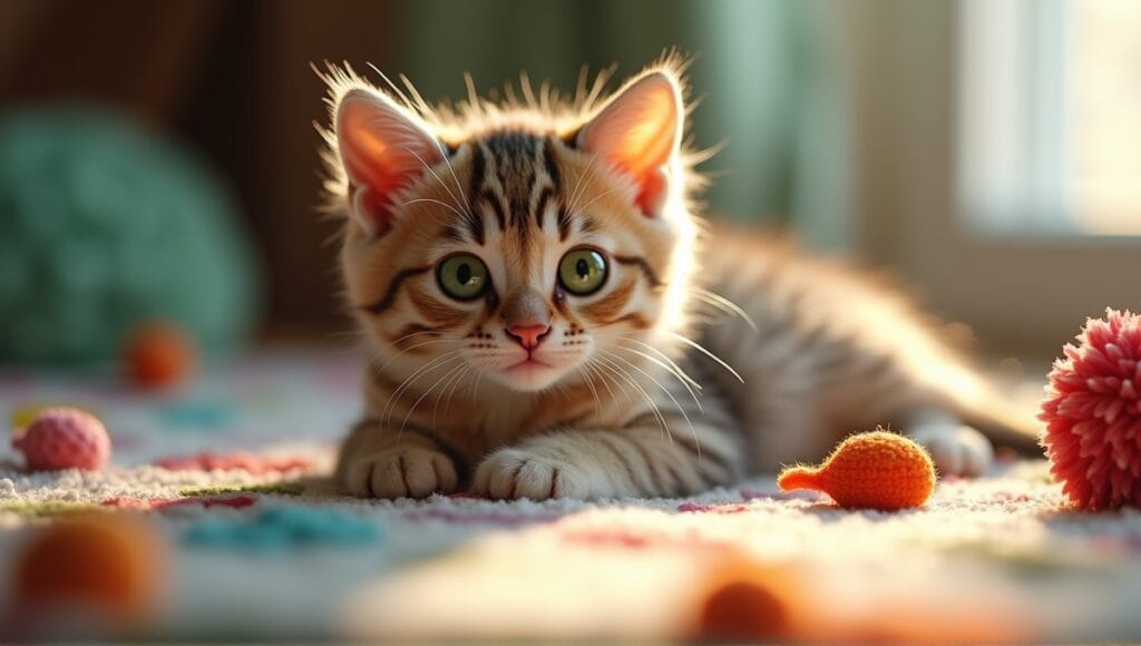 Munchkin cat with short legs resting on a colorful blanket surrounded by toys.